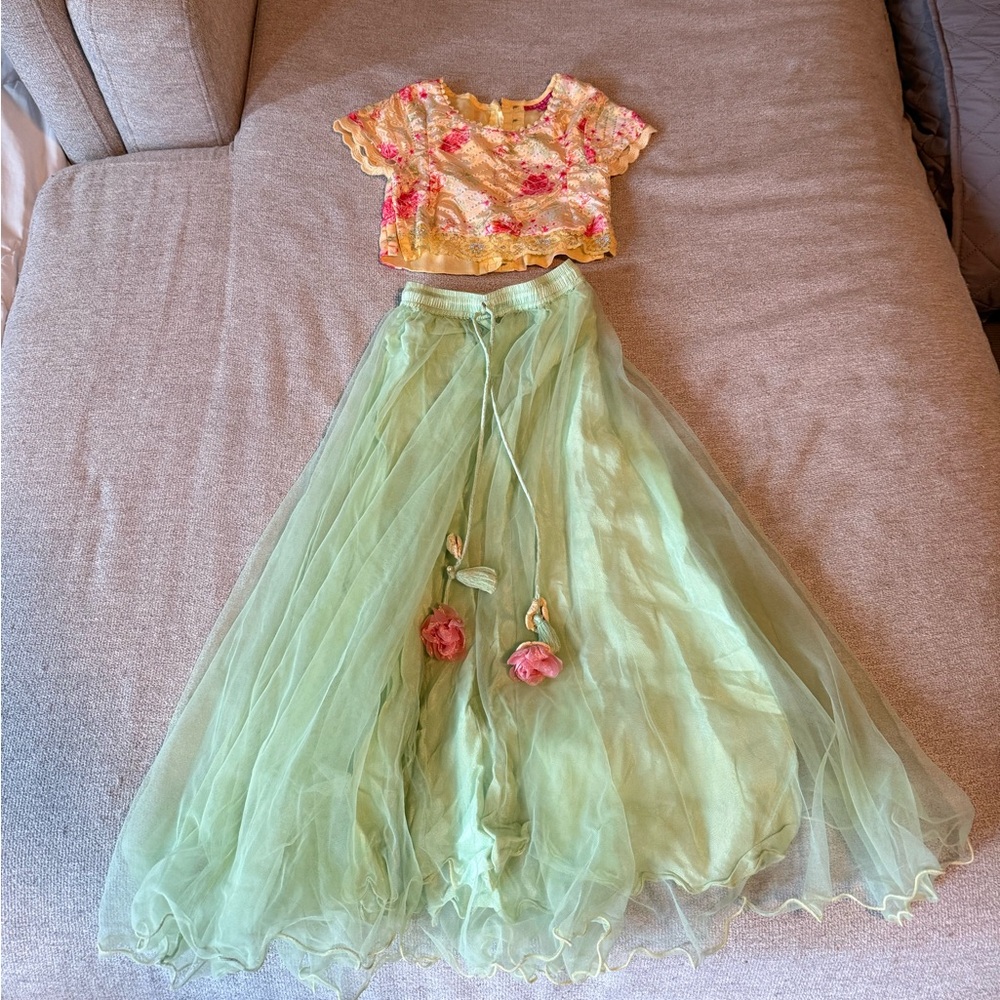 Floral Kids Set with Yellow Top and Green Skirt